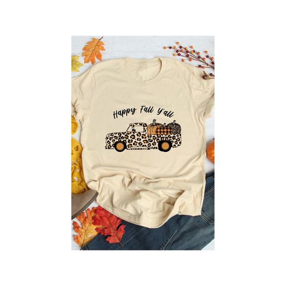 Azura Exchange  Khaki Happy Fall Leopard Truck Cute Pumpkin Graphic Tee - Picture 4 of 4